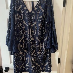 MSK Navy Blue Patterned Long Sleeve Dress